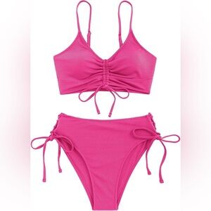 ZAFUL Women's V Neck Ruched Tie Front Bikini Set High Waisted 2 piece set